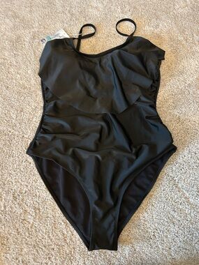 Black Ruffle One-Piece Swimsuit with Slim Straps